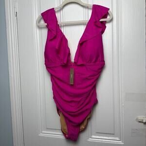 J Crew Swimsuit Womens 16 Pink Ruched Ruffle One Piece Sleeveless V Neck NWT